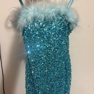 Sparkling Blue Sequin Dress with Feather Trim